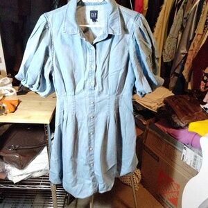 18x14x34 denim dress with puffy sleeves puffy hemline and pockets